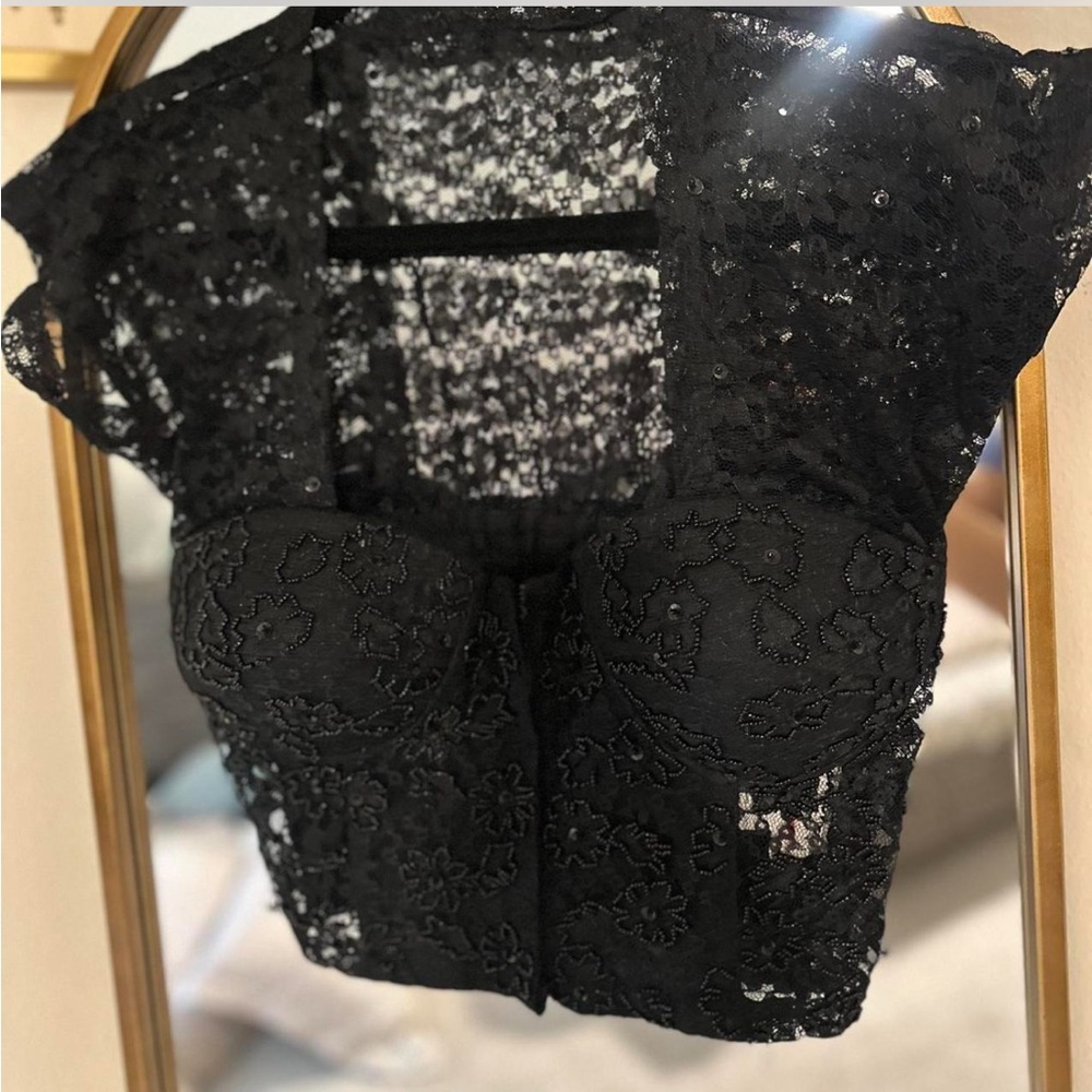 VINTAGE Black lace & beaded corset top with ruched back